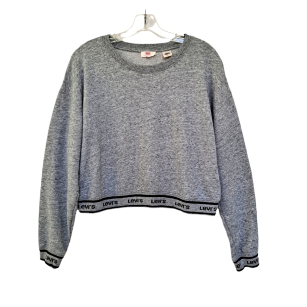 Levi's Gray Heathered Logo Trimmed Cropped Crop Crew Neck Sweatshirt szM